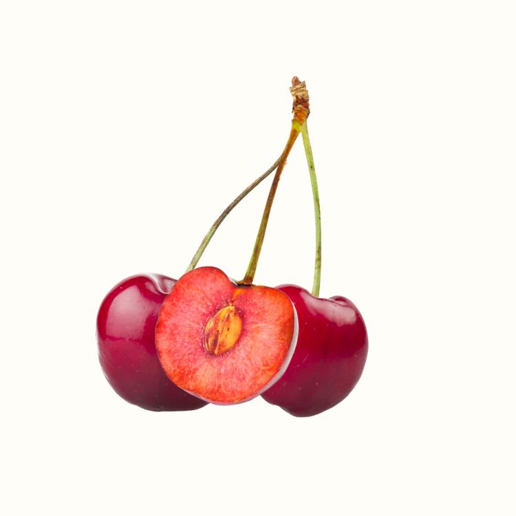 Ripe red cherry fruit cluster with glossy skins and green stems