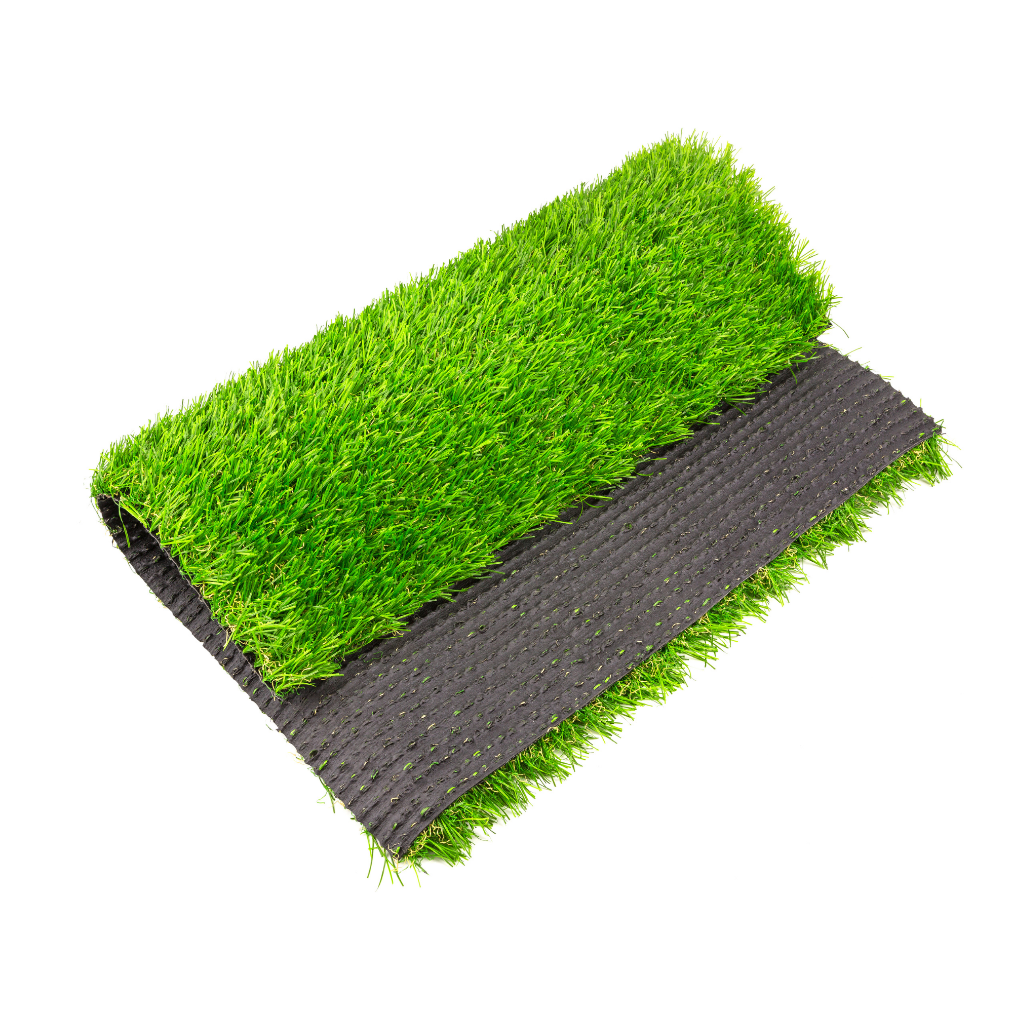 Roll of artificial grass with a black backing on a white background