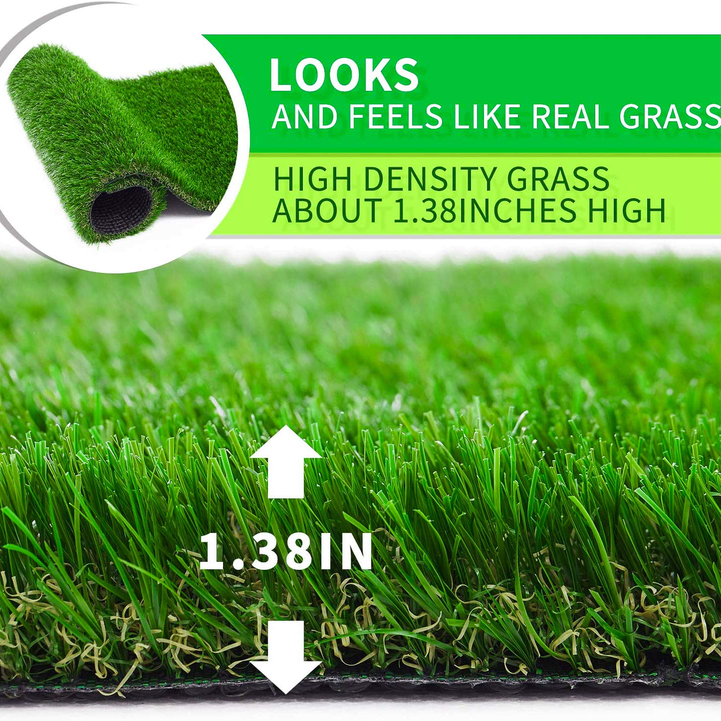Artificial grass with text indicating it looks and feels like real grass, high density, and height of about 1.38 inches.