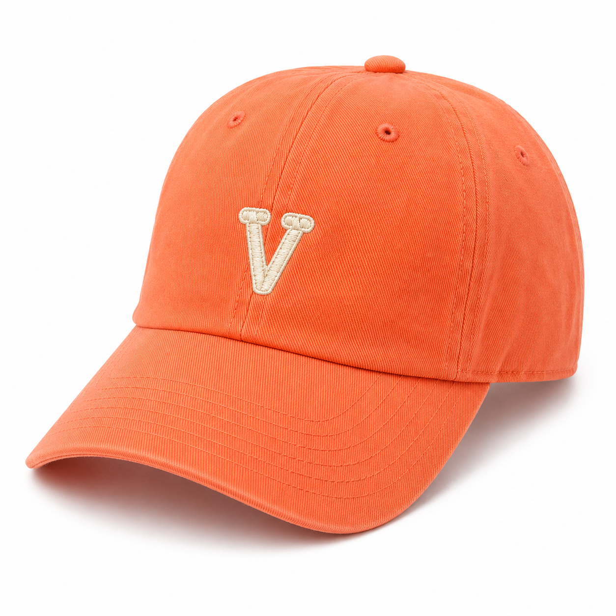 Orange cap with a White V logo, designed as a signature Victory Nursery gift.