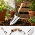 Gardening trowel on soil with potted plants in the background