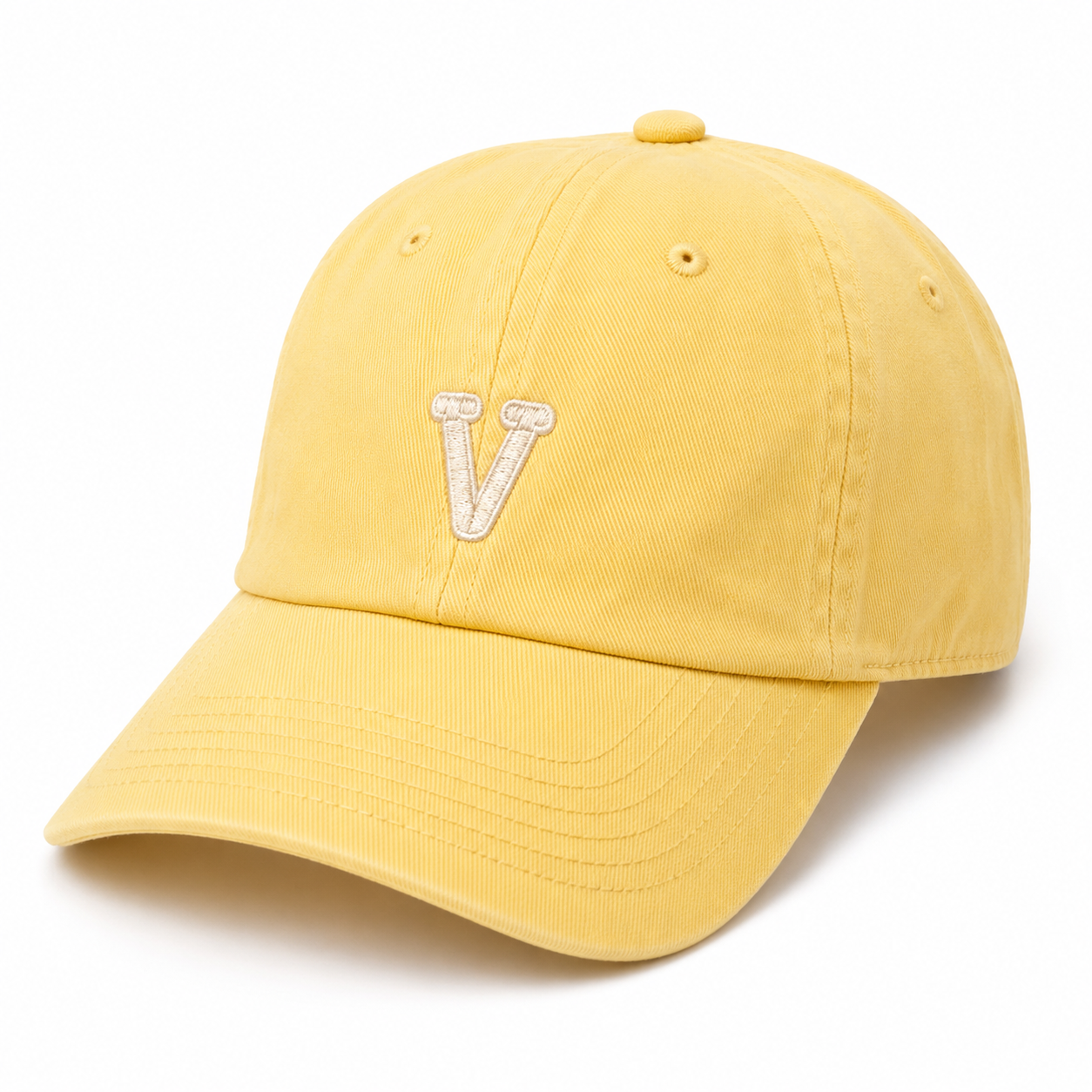 Yellow baseball cap with a White V logo, designed as a signature Victory Nursery gift.