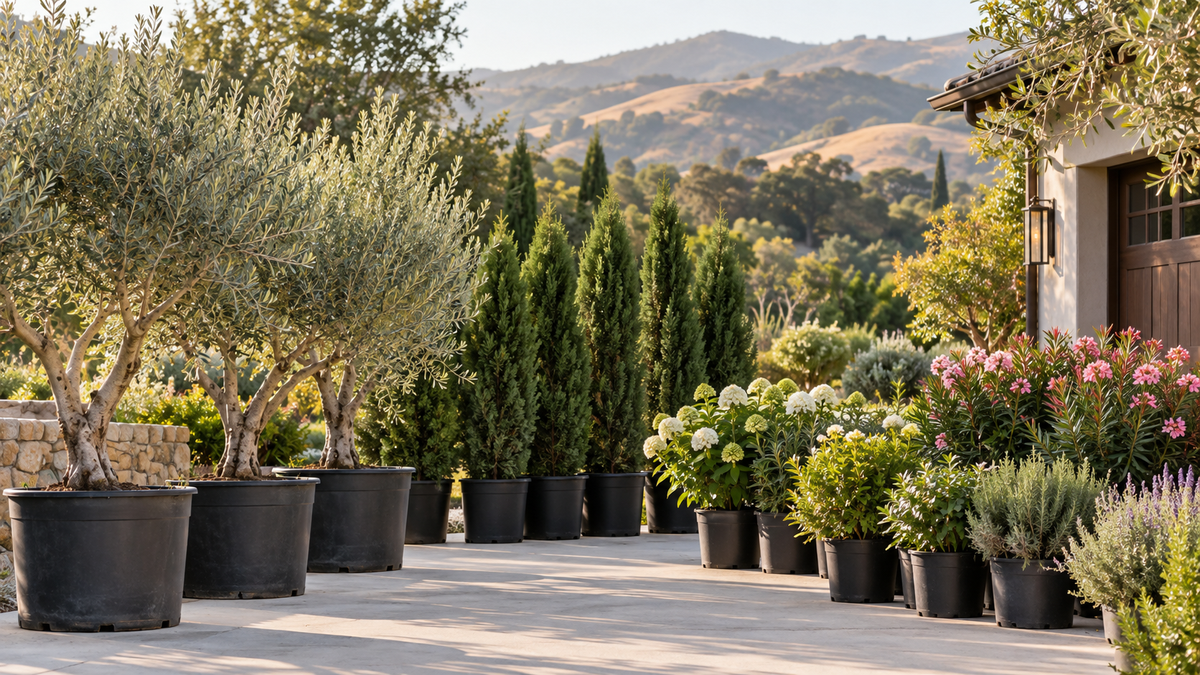 Illustration of nursery plants arranged on an accessible California driveway